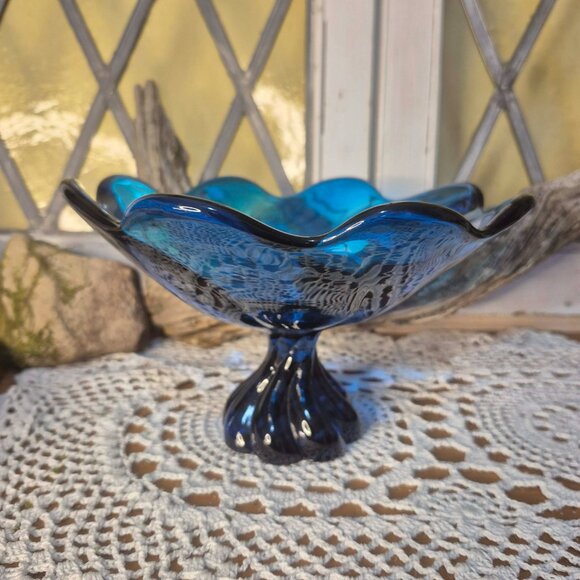 VIKING Vintage Blue Glass Pedestal Bowl - Picture 3 of 11